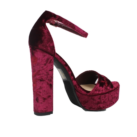 Burgundy Velvet Open Toe Ankle Strap Platform Heel - Picture 3 of 5